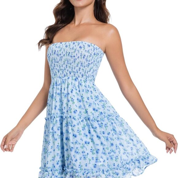 Women Summer Strapless Boho Mini Dress Polyester Beach Occasion Flowy - Picture 3 of 7